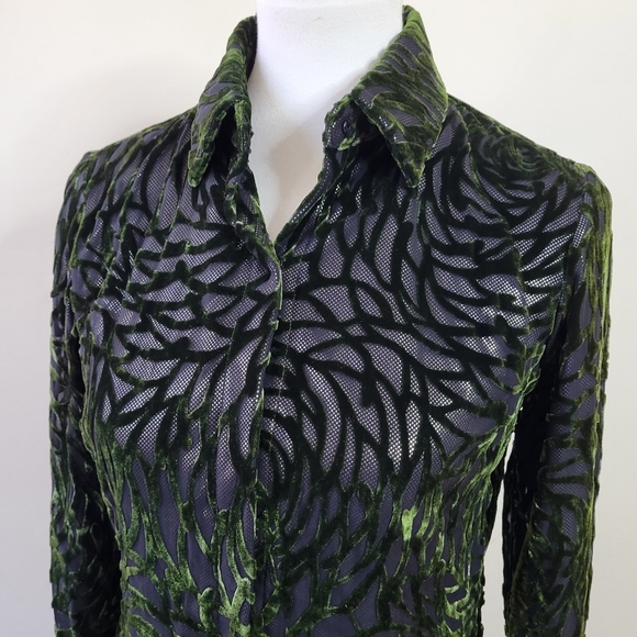 Vivienne Tam Tops - Vivienne Tam Vintage Y2K Textured Green Velvet Rose Burnout Blouse size 1